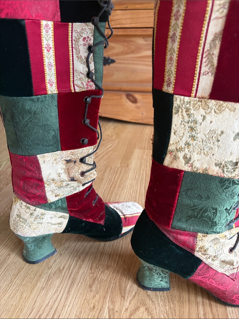 Kennith Cole Patchwork Lace-Up Knee-High Boots in Red, Green & Black - Picture 4 of 5